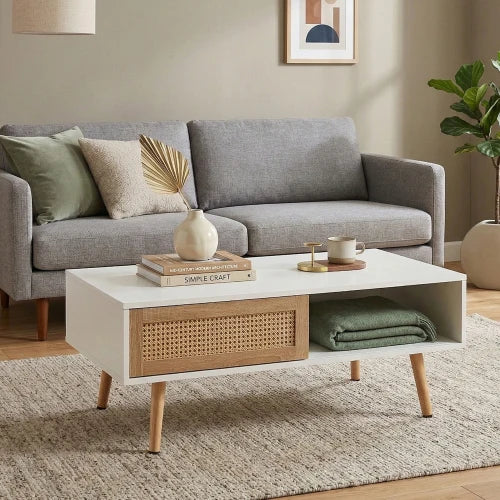 M Mid Century Modern Rattan Coffee Table with Storage Rectangle Wooden Accent Center Tables with Sliding Wood Legs