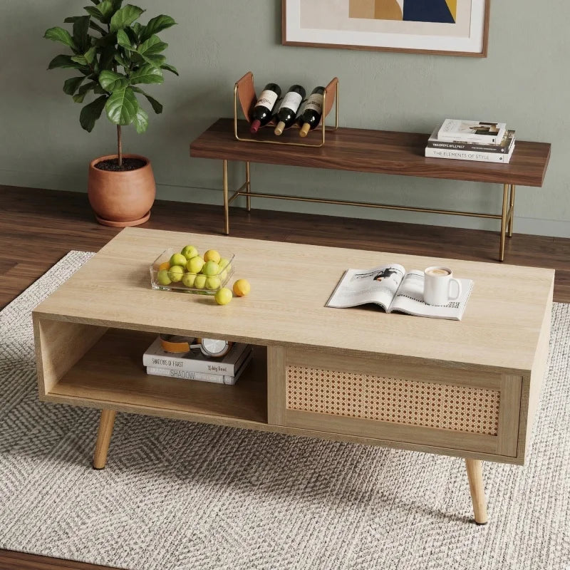 M Mid Century Modern Rattan Coffee Table with Storage Rectangle Wooden Accent Center Tables with Sliding Wood Legs