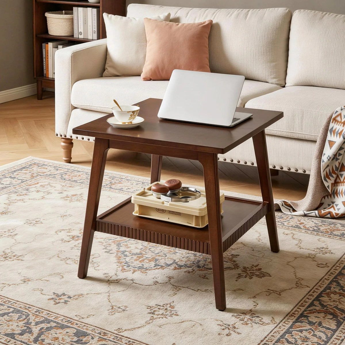 Solid Wood End Table, 2 Tier Square Side Table with Storage Shelf, Modern Nightstand Accent Table for Living Room, Sofa Couch Si