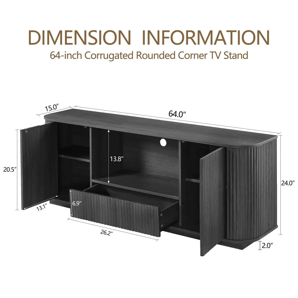 64-Inch Wavy TV Stand Wooden Vertical Stripe Sideboard Storage Cabinet Living Room Bedroom Entryway Media Console Black