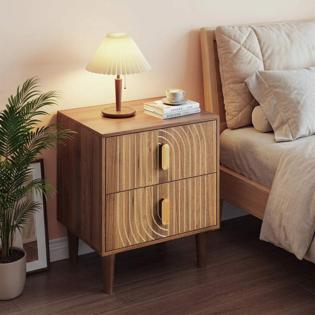 Medieval-style modern bedside table with double drawers for storage and solid wood legs; bedroom side table, bedside storage cab