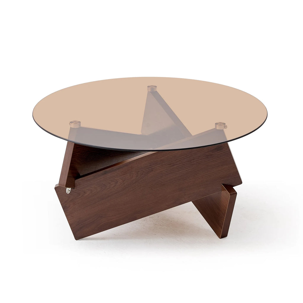 Modern round coffee table, small farmhouse-style coffee table, suitable for living room, with tempered glass top, color: brown