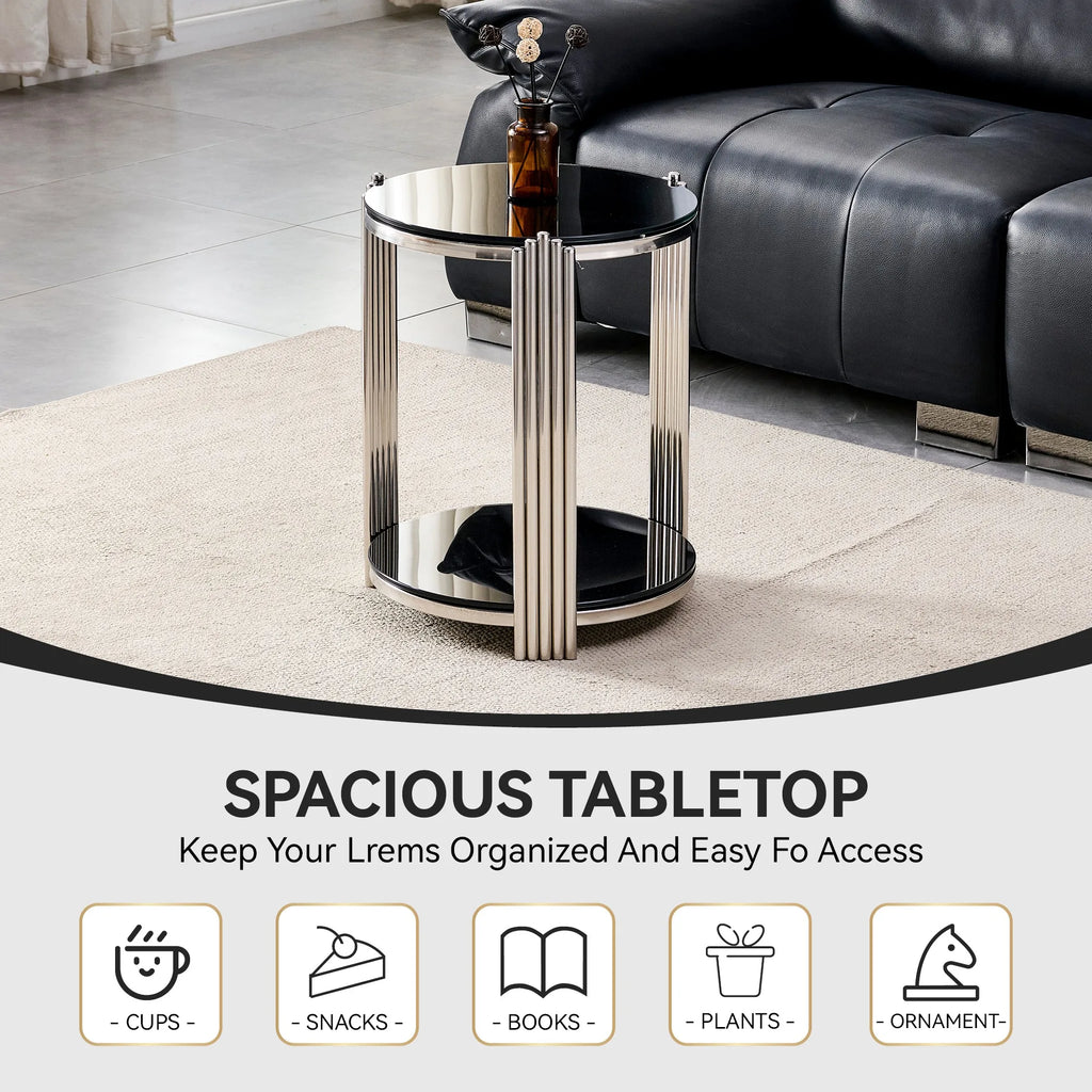 16.90 Inch Modern End Table, Bedside Table,Double-Layer Tempered Black Glass & Silver Stainless Steel Frame Living Room Table, R