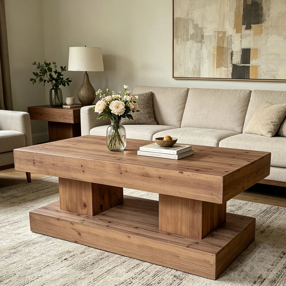 47.24 InchNatural solid wood coffee table with thick top and double pillar base. Classic rustic & minimalist style, sturdy and p