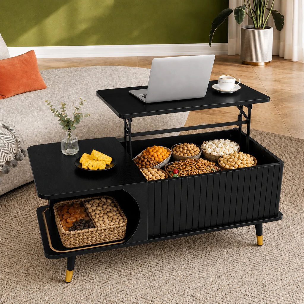 Wood Lift Top Coffee Table with Hidden Compartment and Large Storage Shelf, Lift Tabletop Dining Center Table for Home Living Ro