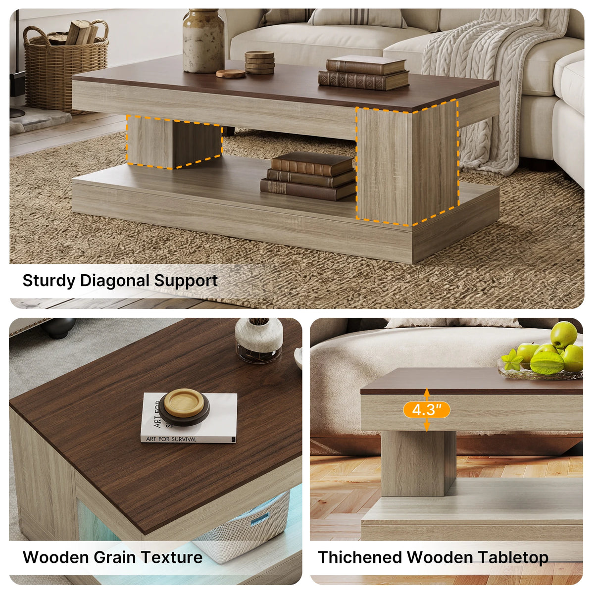 Modern Durable Handmade Wood Coffee Table APP Control Lights Two-Tone Finish 2-Tier Storage Eco-Friendly Living Room Furniture