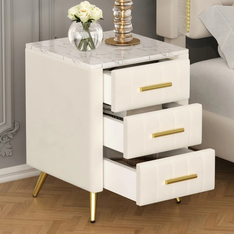 Upholstered Wooden Nightstand with 3 Drawers and Metal Legs&Handles, Bedside Table with Marbling Stickers Worktop - Beige