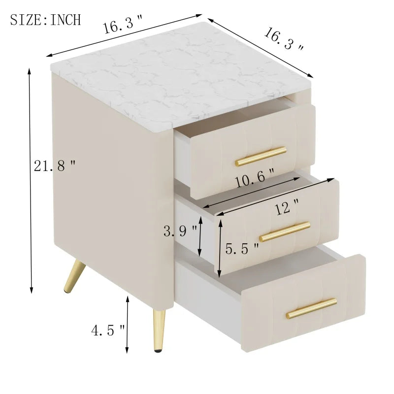 Upholstered Wooden Nightstand with 3 Drawers and Metal Legs&Handles, Bedside Table with Marbling Stickers Worktop - Beige