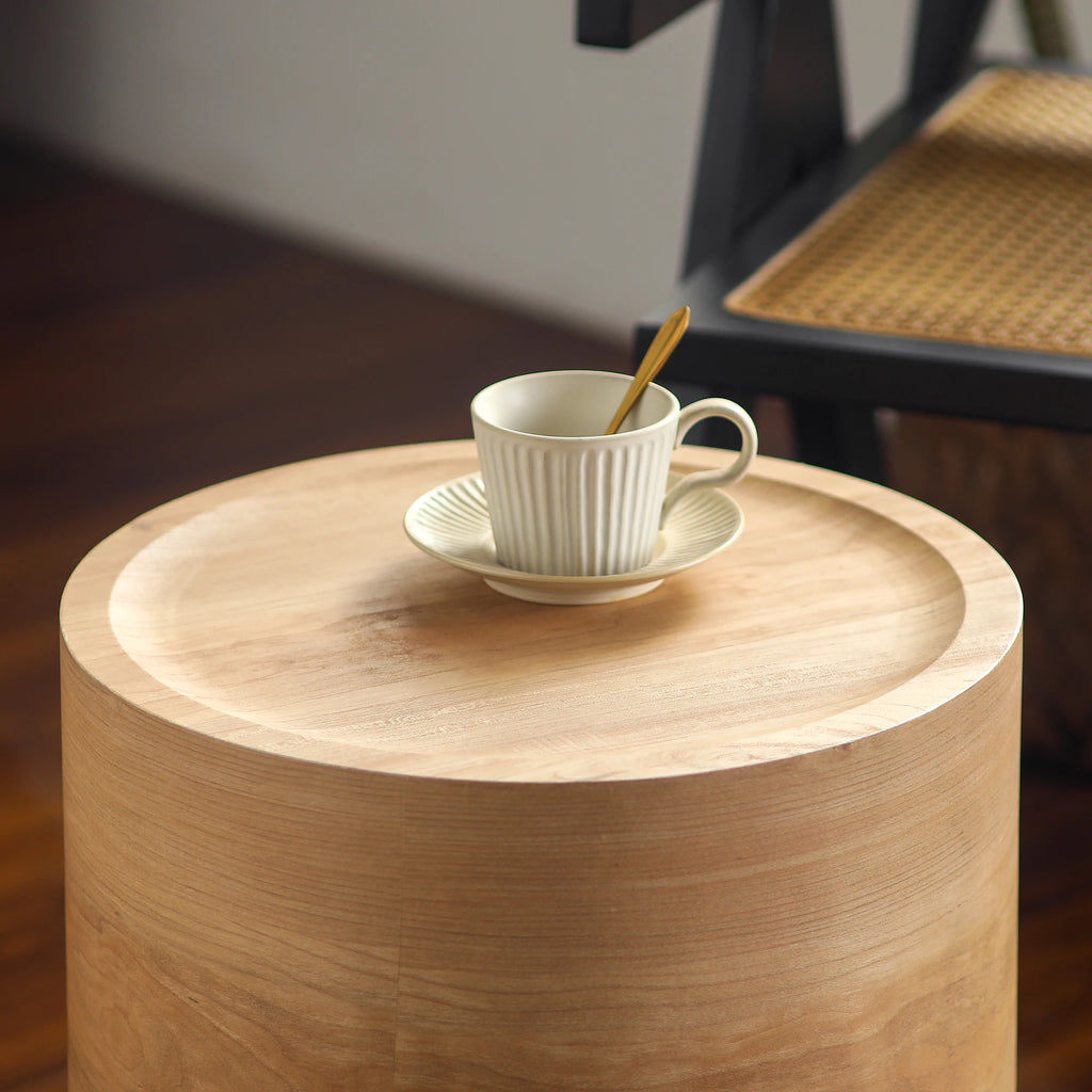 Natural Wood Round Drum Accent Table, No Assembly Side End Table for Living Room Bedroom