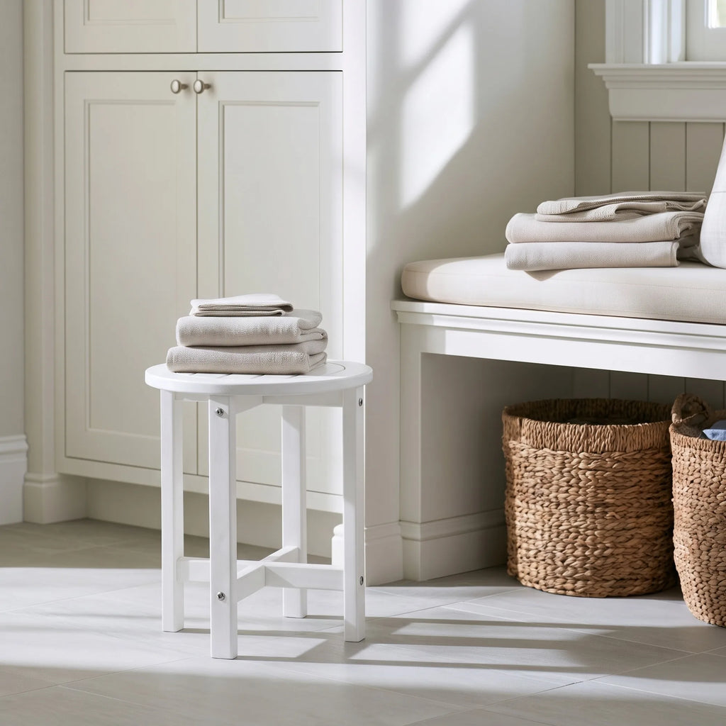 16-Inch White Round HDPE Side Table, Modern Moisture-Resistant End Table for Bathroom, Bedroom and Living Room