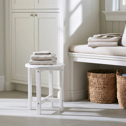16-Inch White Round HDPE Side Table, Modern Moisture-Resistant End Table for Bathroom, Bedroom and Living Room