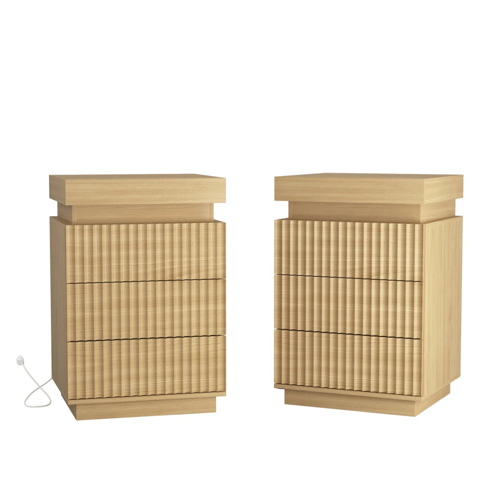 Natural Nightstand Set of 2 Fluted Wave Panel Bedside Table with Charging Station and LED Lights