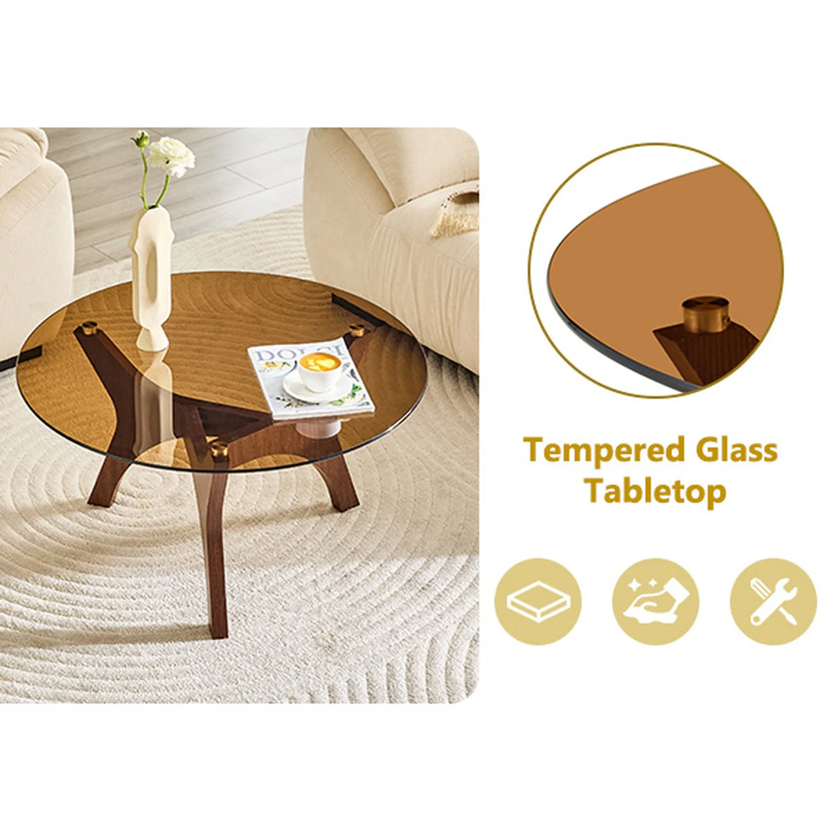 31.5 Inch Glass Coffee Table, Mid-Century Modern Style, Ideal as a Centerpiece for Living Rooms, Bedrooms, Reception Areas, and