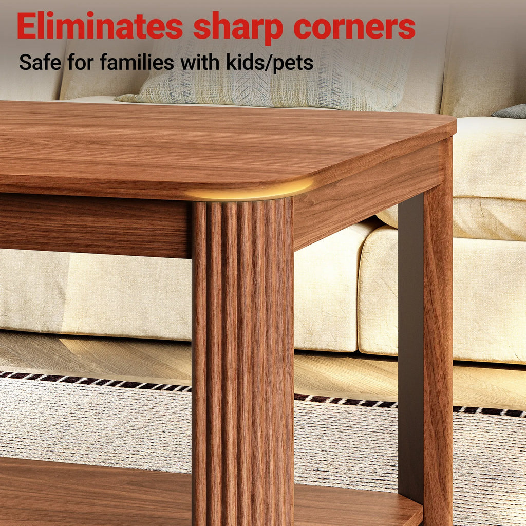 Arc Corner Wood 2-Tier Coffee Table with Storage Shelf - Vertical Wave Grain Legs, Walnut Finish, Modern Minimalist Rectangle Ac