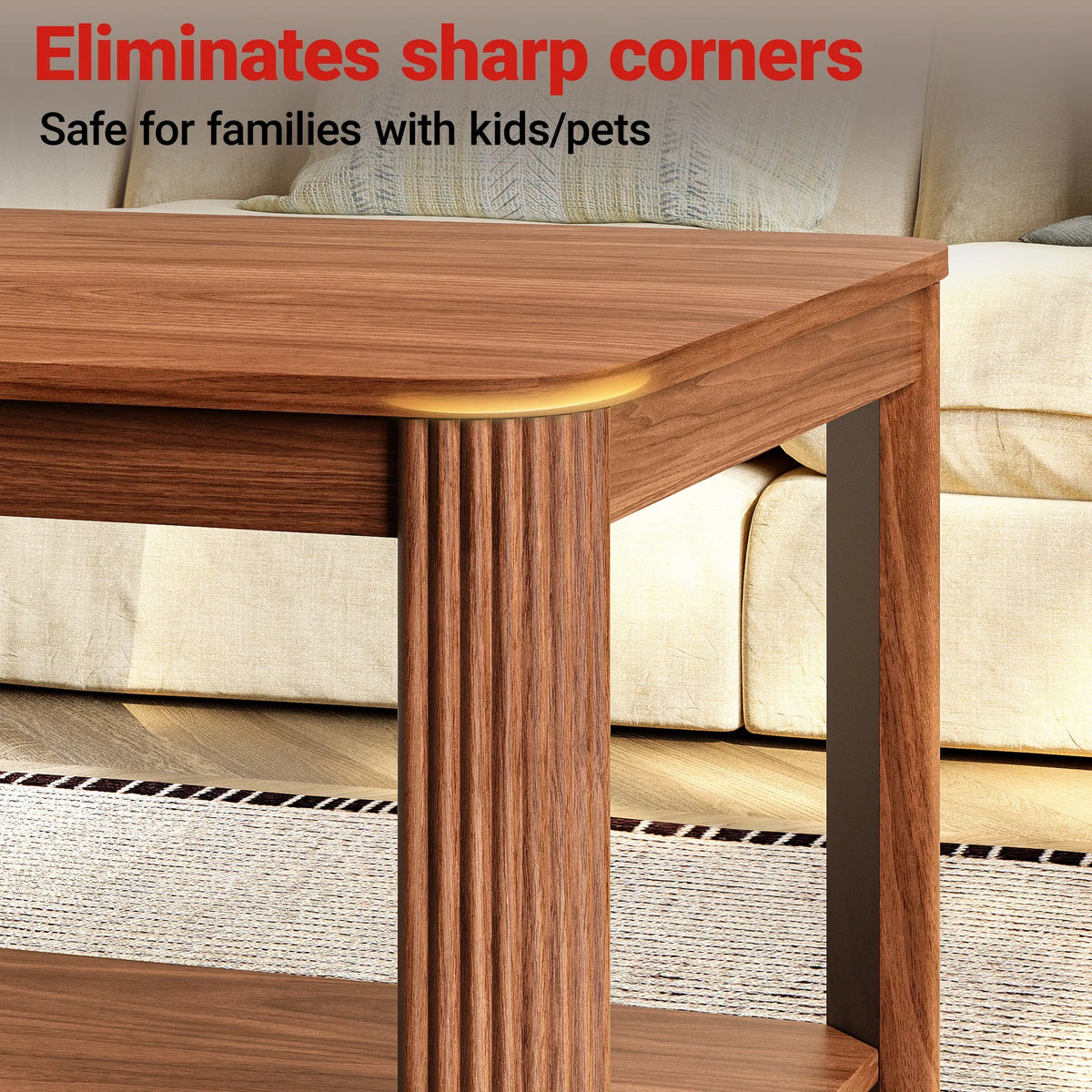 Arc Corner Wood 2-Tier Coffee Table with Storage Shelf - Vertical Wave Grain Legs, Walnut Finish, Modern Minimalist Rectangle Ac
