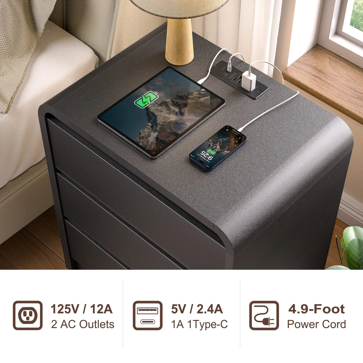 Modern Night Stand with Charging Station, 25 Inch Tall Wood Nightstand Bedside Table with 3 Drawers & USB Ports, Mid-Century End