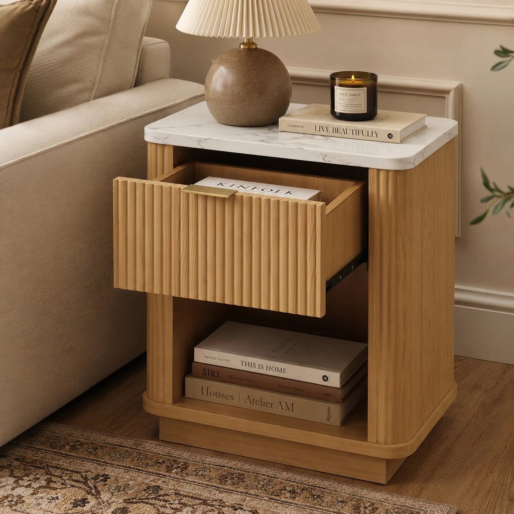 Nightstands Set of 2,Natural Wood Finish Fluted Nightstand with Storage Drawer and Open Shelf, Faux Marble-Look Top, Gold-Tone H