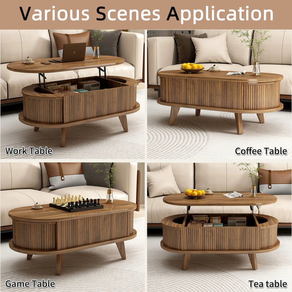 Fluted Lift Top Coffee Table with Hidden Compartment, Wooden Center Table, Modern Oval Lift Tabletop for Home Living Room Office