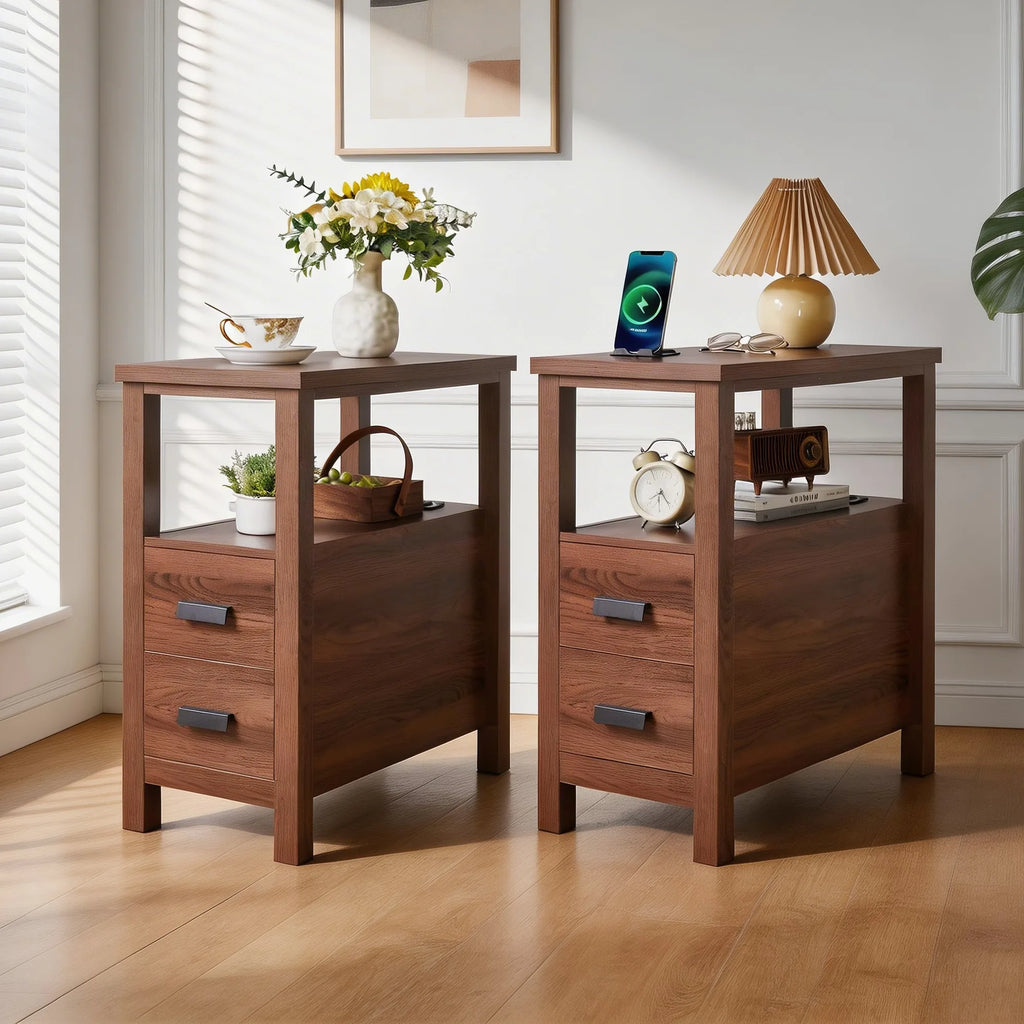 End Table with Charging Station,Side Tables with USB Ports & Outlets,Side Table with 2 Drawers, Small Wood Bedside Table, Small