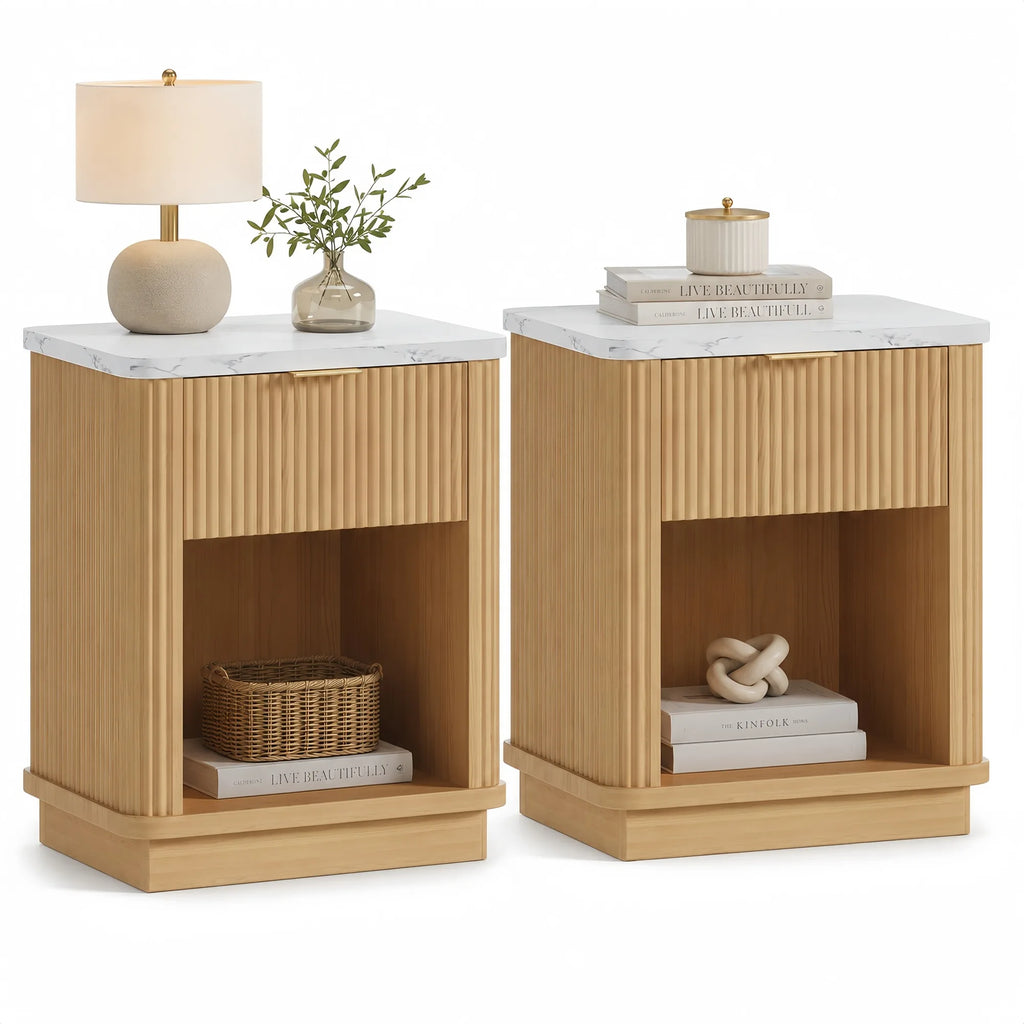 Nightstands Set of 2,Natural Wood Finish Fluted Nightstand with Storage Drawer and Open Shelf, Faux Marble-Look Top, Gold-Tone H