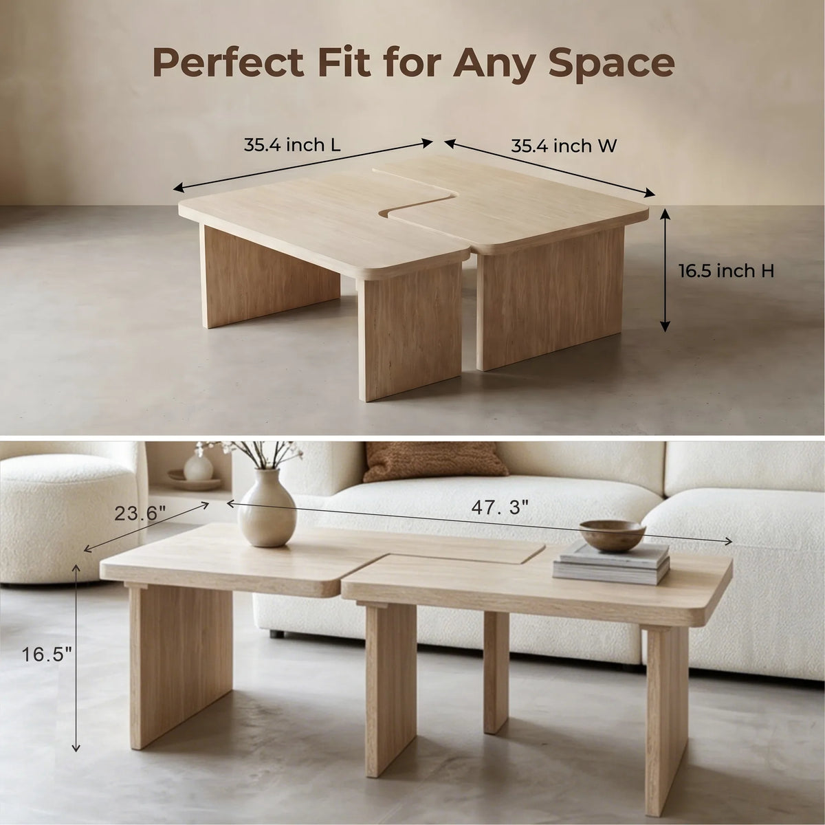 Modular Travertine Coffee Table Set of 2, Nesting L-Shaped Puzzle Center Table, Separable Side Corner Table for Apartment Small