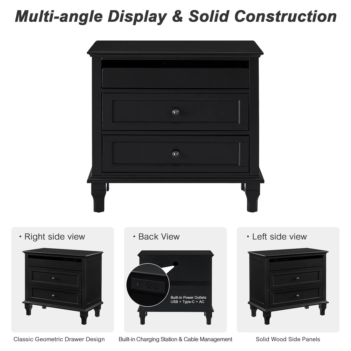 28 Inch Wood Nightstand with Charging Station, Farmhouse Bedside Table with 3 Drawers, USB & Type-C Ports, Storage End Table for