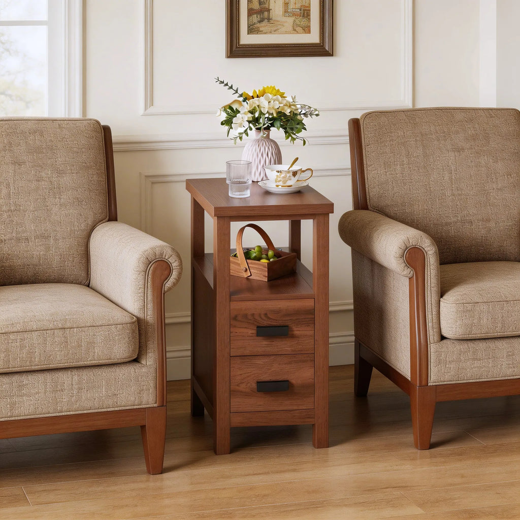 End Table with Charging Station,Side Tables with USB Ports & Outlets,Side Table with 2 Drawers, Small Wood Bedside Table, Small