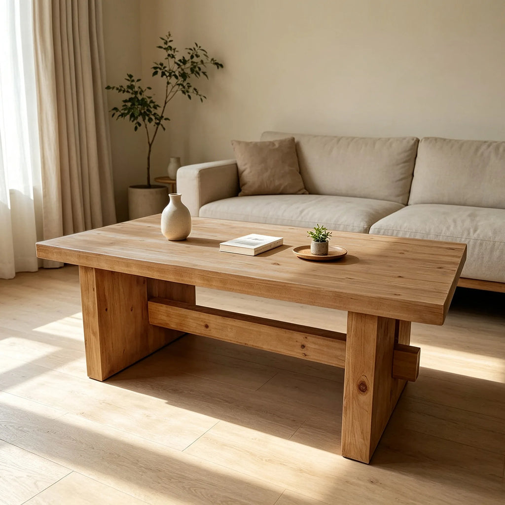 47.24 Inch Coffee table crafted from selected natural solid wood,retaining natural wood grain with warm and rustic wood tones.