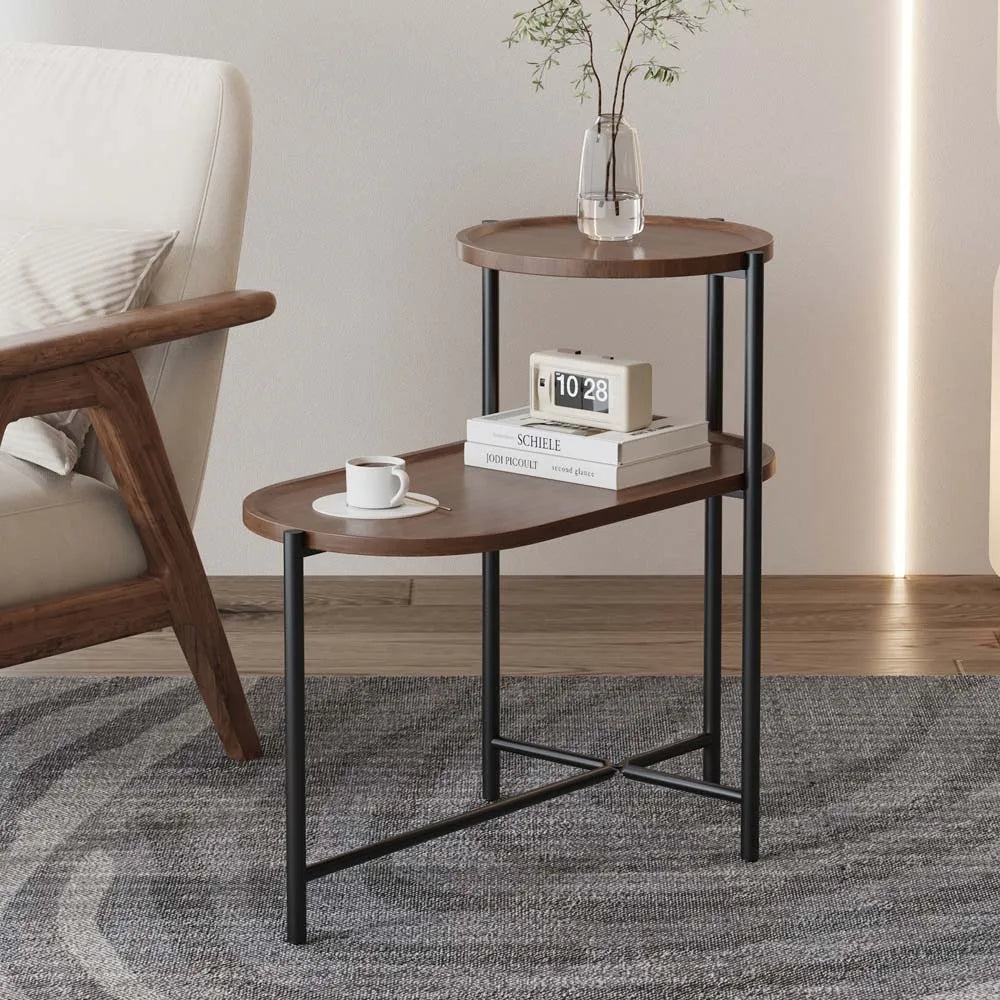 OVS 27" Walnut Brown Modern 2-Tier Coffee Table Oval Side Table Metal Wood with Storage Shelf for Living Room Bedroom