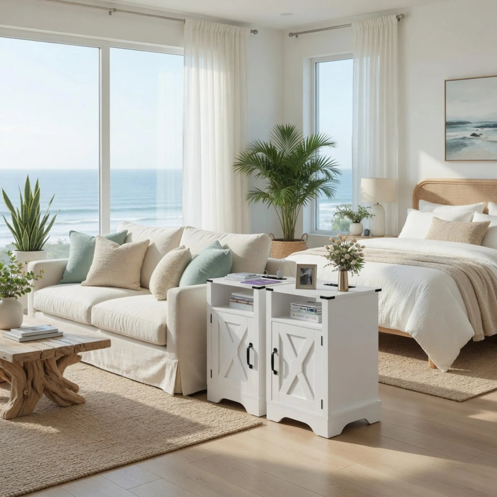 Set Of 2 16 White Farmhouse Nightstand With Charging Station Storage