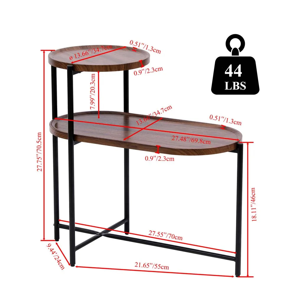 OVS 27" Walnut Brown Modern 2-Tier Coffee Table Oval Side Table Metal Wood with Storage Shelf for Living Room Bedroom