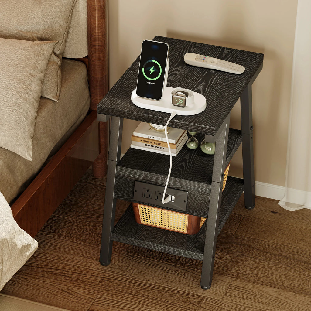 Small Side Tables with Lucky 7 Metal Shape, End Table with Charging Station, 3-Tier Nightstand with Outlets and USB Ports
