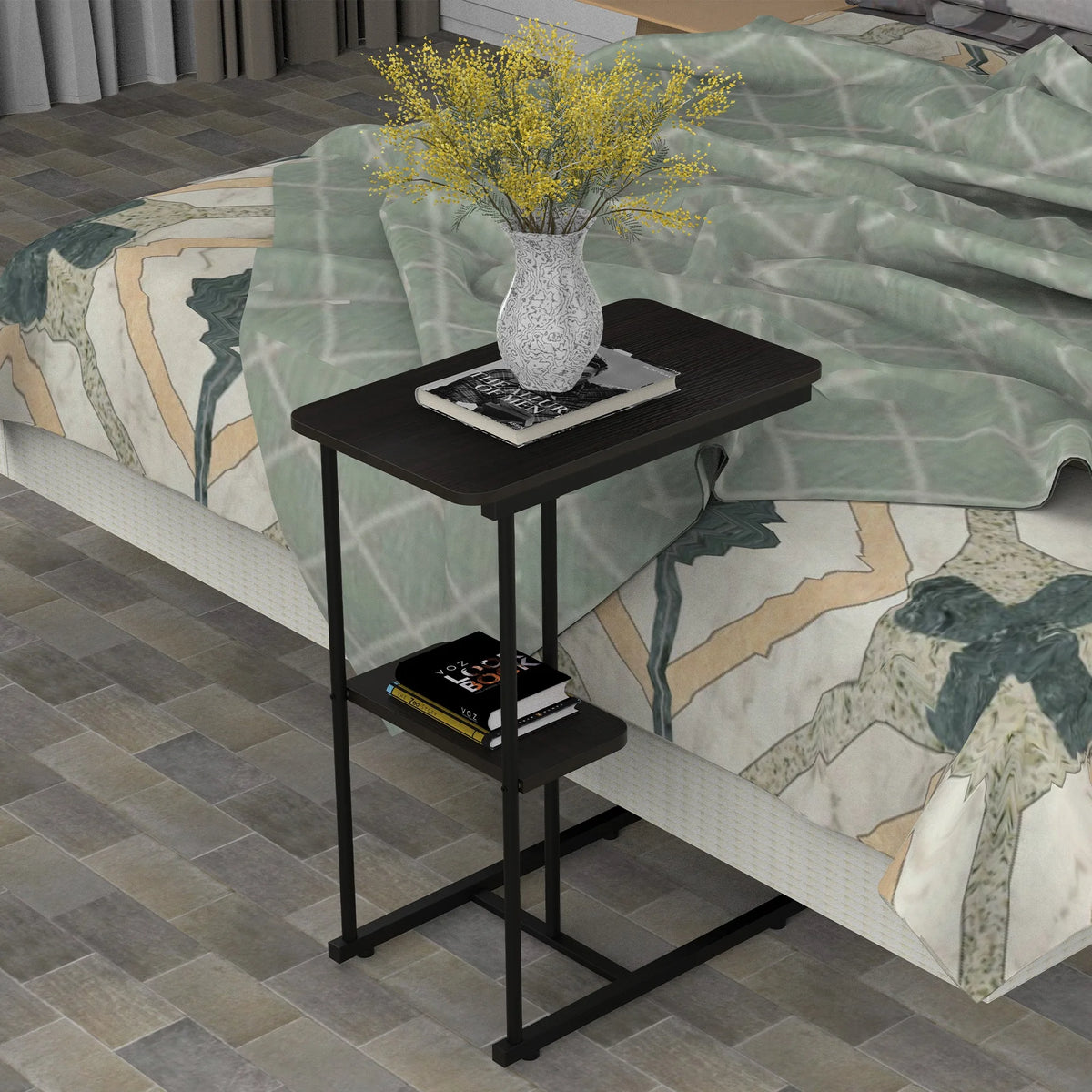 C Side Table,Natural Bed Sofa Snack End Table with Storage Basket,Portablle Laptop Holder Snack Table,Sofa Side Table,Wood Look