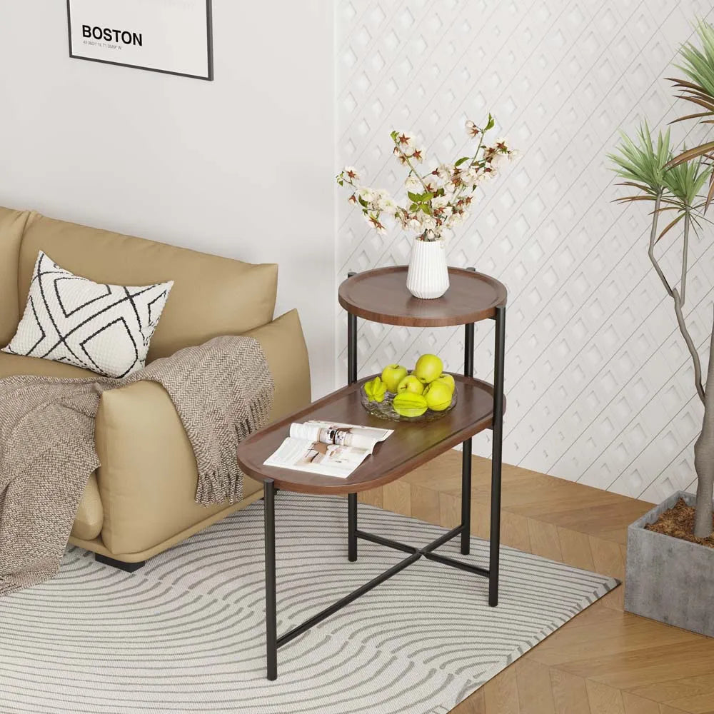OVS 27" Walnut Brown Modern 2-Tier Coffee Table Oval Side Table Metal Wood with Storage Shelf for Living Room Bedroom