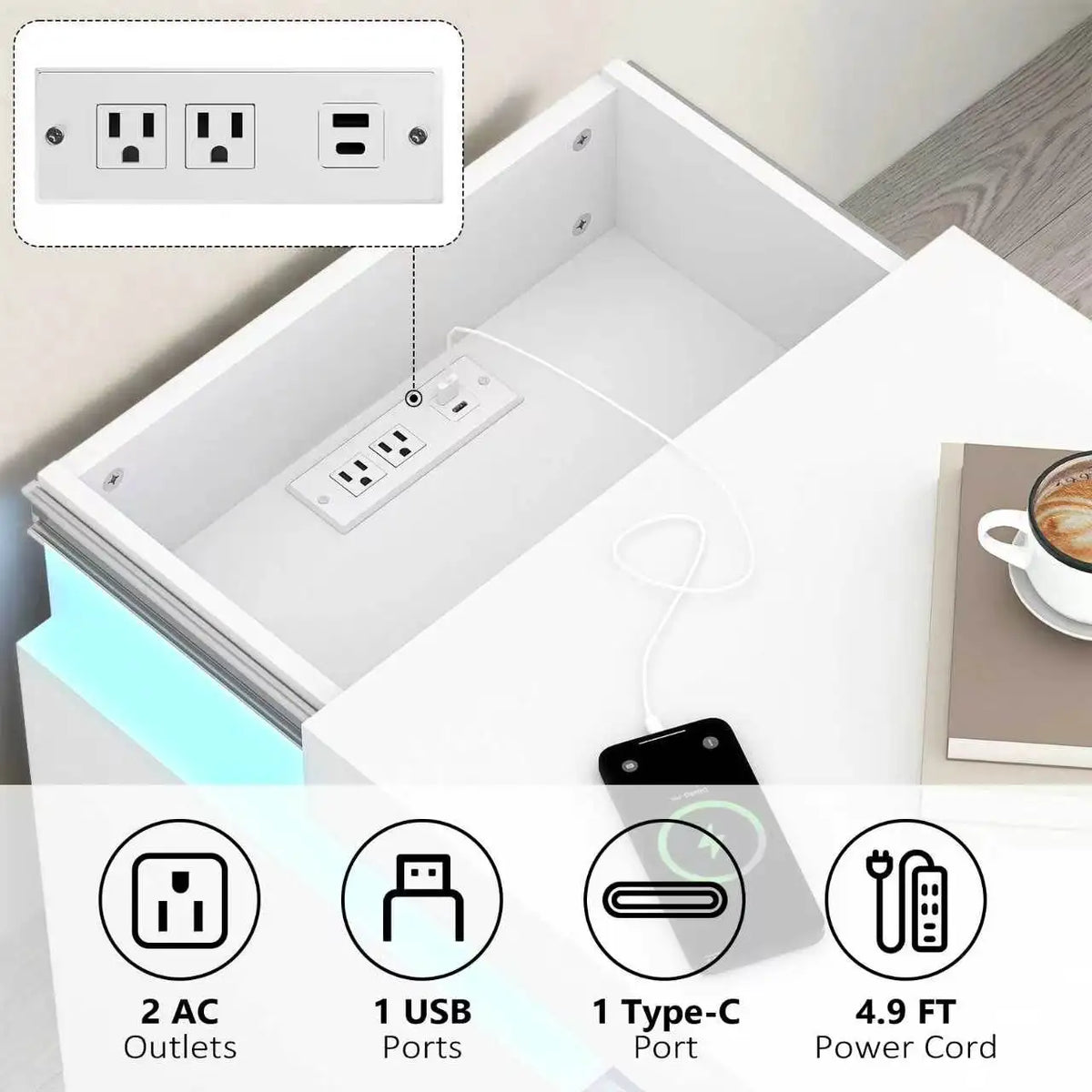 White Nightstand Set of 2 with Charging Station Fluted Wave Panel Bedside Table Sliding Top LED Lights