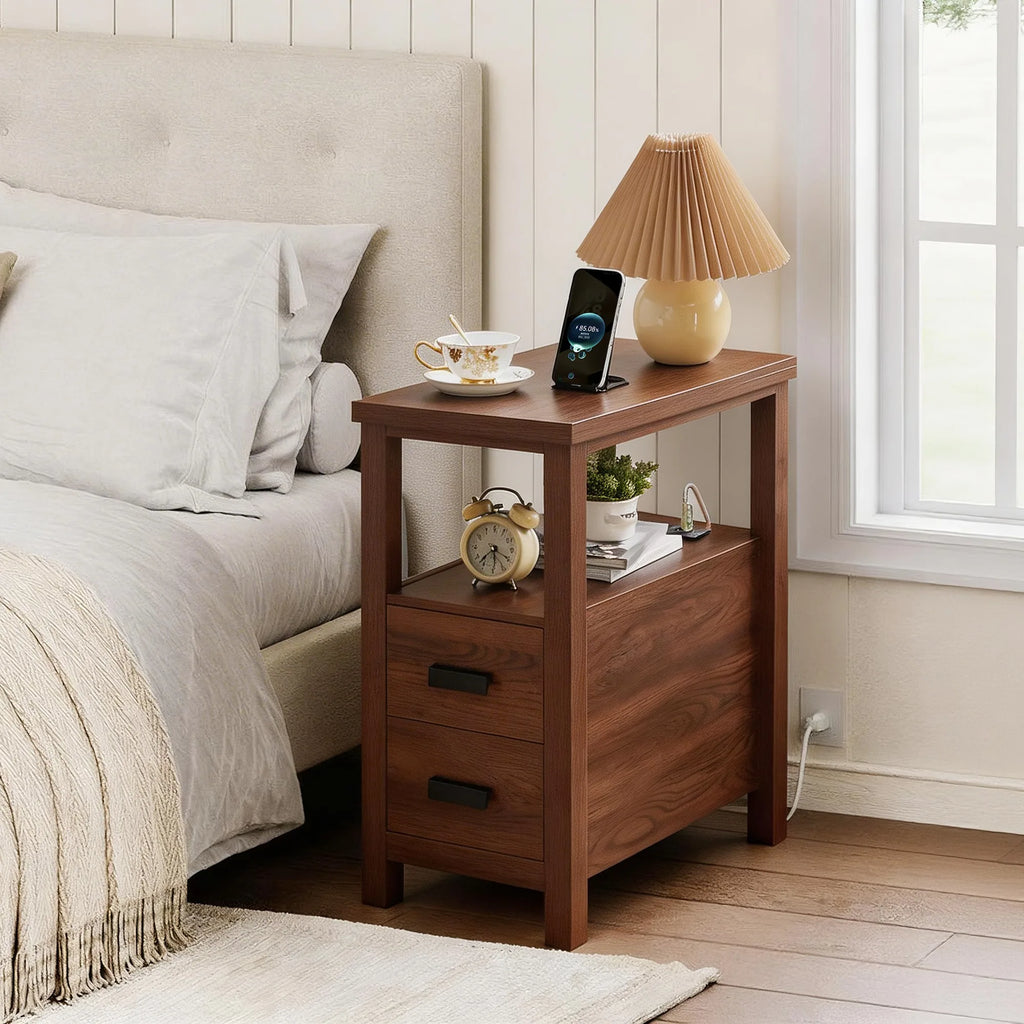 End Table with Charging Station,Side Tables with USB Ports & Outlets,Side Table with 2 Drawers, Small Wood Bedside Table, Small