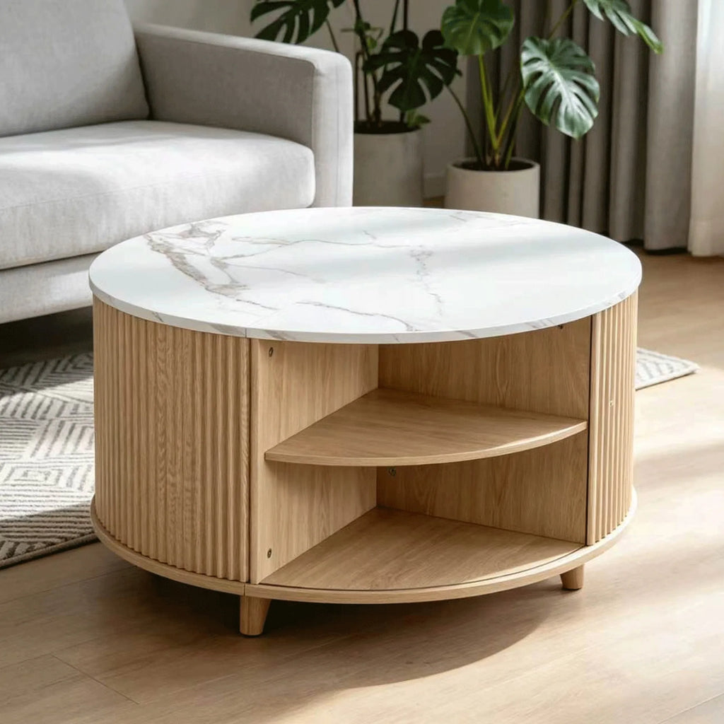 32 Inch Round Coffee Table with Storage, Modern Wood Coffee Table with Cabinet, Circular Center Table for Living Room, Hidden Co