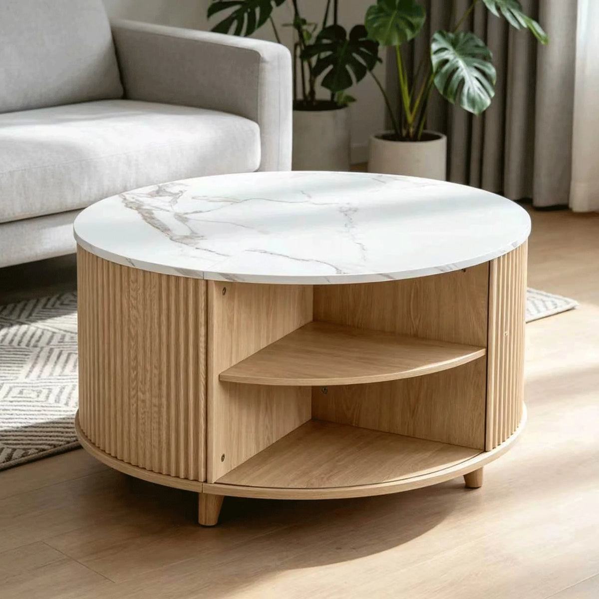 32 Inch Round Coffee Table with Storage, Modern Wood Coffee Table with Cabinet, Circular Center Table for Living Room, Hidden Co