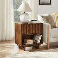 23.4 Inch Mid Century Modern Grille Slat Nightstand with Hidden Charging Station USB Ports & Outlet Hole, Farmhouse End Table wi