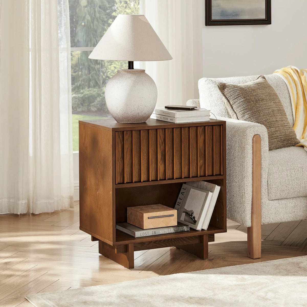 23.4 Inch Mid Century Modern Grille Slat Nightstand with Hidden Charging Station USB Ports & Outlet Hole, Farmhouse End Table wi