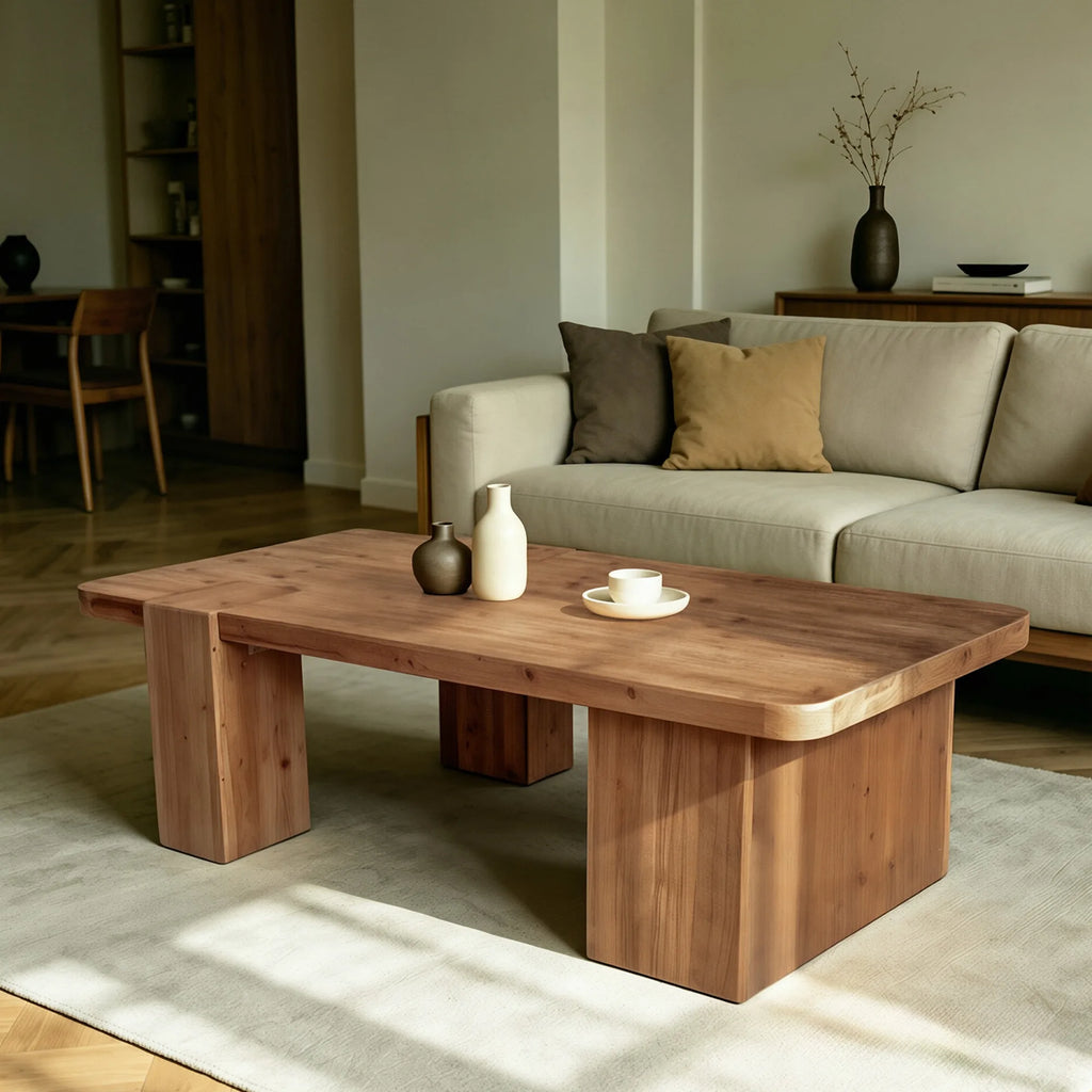 This coffee table with walnut color crafted from selected natural solid wood ,retaining natural wood grain,warm and rustic wood