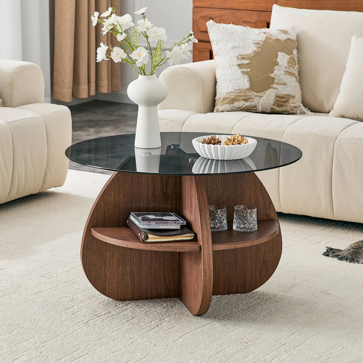 Creative Cross-Structure Round Coffee Table with Gray Tempered Glass Top and Walnut-Colored Fan-Shaped Storage. Perfect for livi