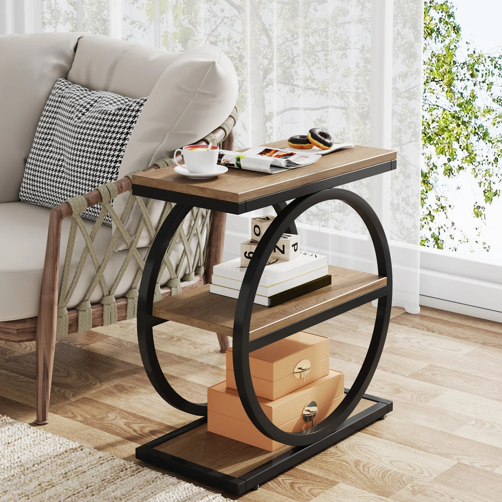 Tribesigns Side End Table with 3 Storage Shelves, Industrial Sofa Table with Round Metal Frame for Living Room