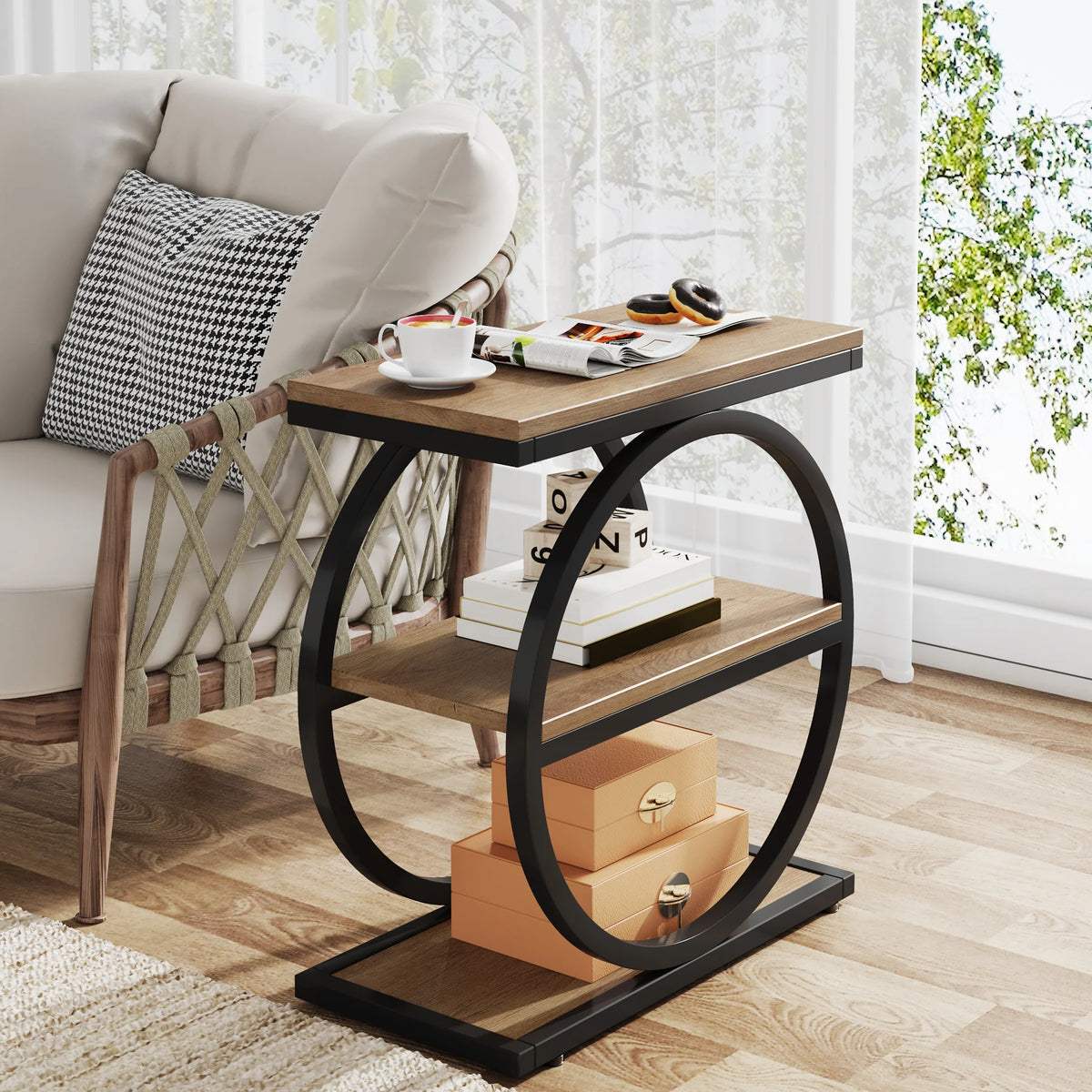 Tribesigns Side End Table with 3 Storage Shelves, Industrial Sofa Table with Round Metal Frame for Living Room
