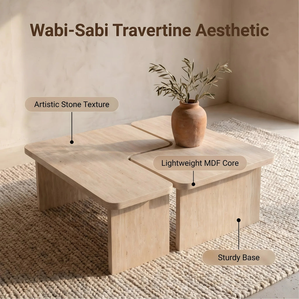 Modular Travertine Coffee Table Set of 2, Nesting L-Shaped Puzzle Center Table, Separable Side Corner Table for Apartment Small