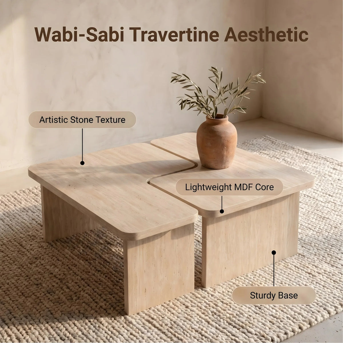 Modular Travertine Coffee Table Set of 2, Nesting L-Shaped Puzzle Center Table, Separable Side Corner Table for Apartment Small