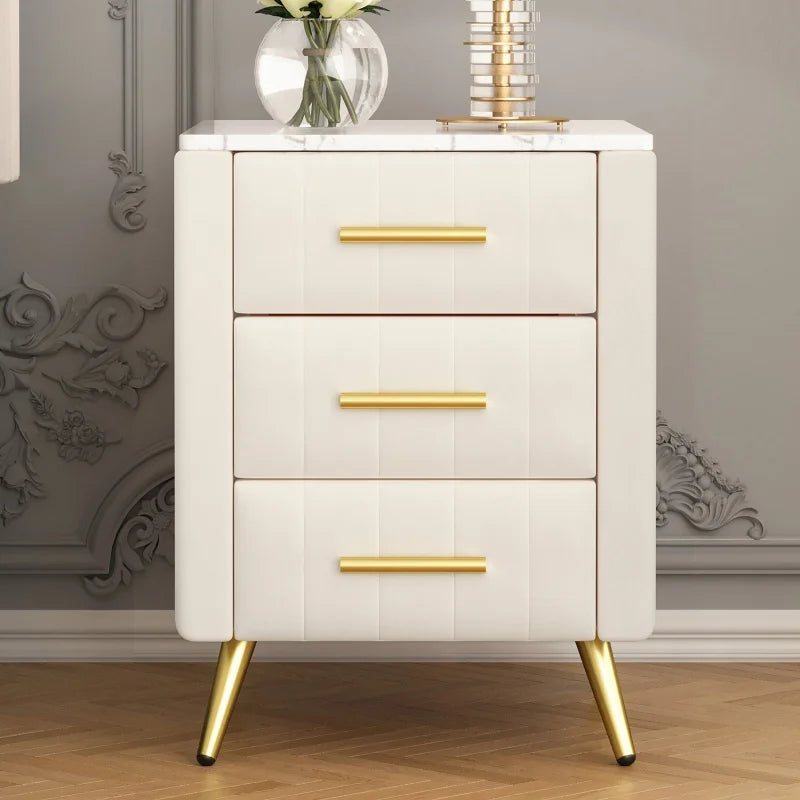 Upholstered Wooden Nightstand with 3 Drawers and Metal Legs&Handles, Bedside Table with Marbling Stickers Worktop - Beige
