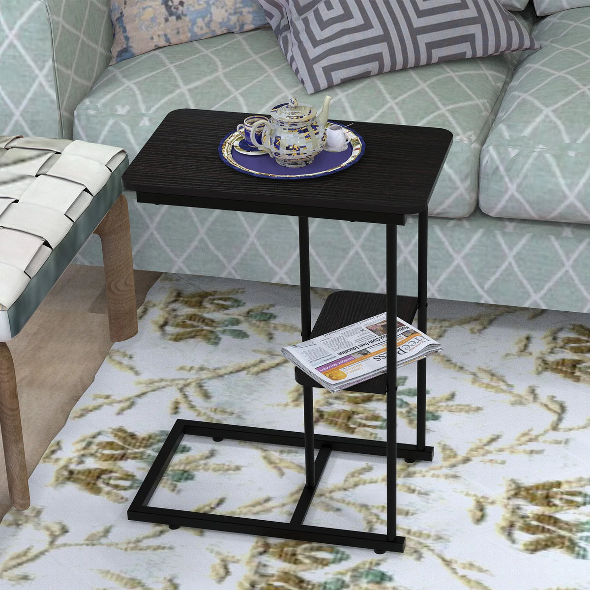 C Side Table,Natural Bed Sofa Snack End Table with Storage Basket,Portablle Laptop Holder Snack Table,Sofa Side Table,Wood Look