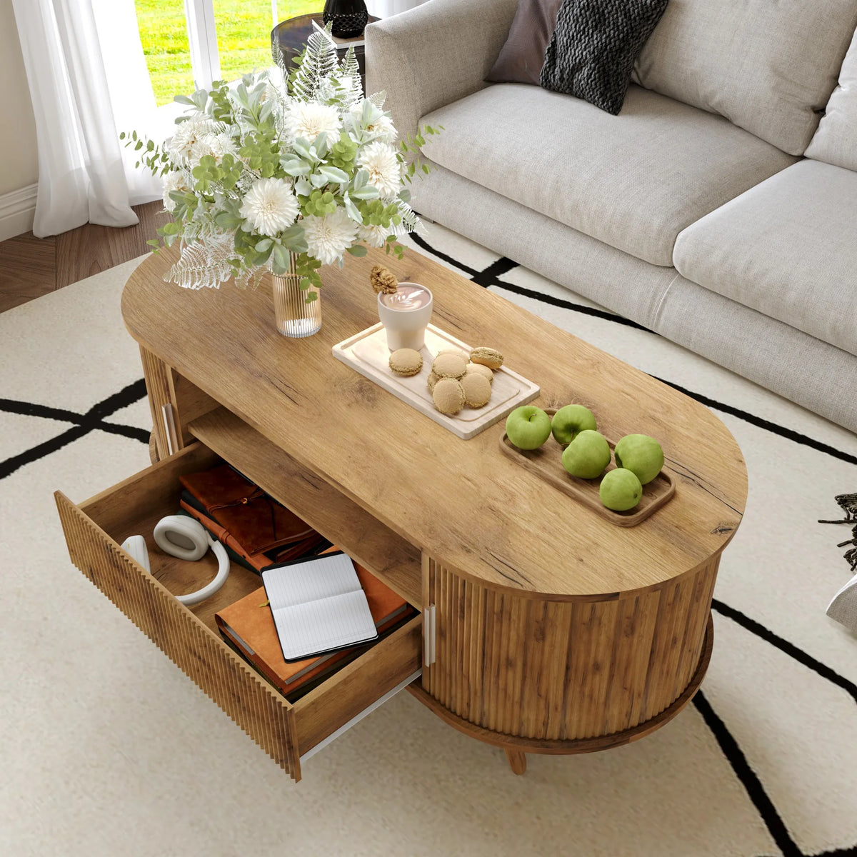 DFW 45.27 Inch Oval Coffee Table with Storage, AlsoCan be used as TV standMid Century Modern Coffee Table with Drawer, Center Ta