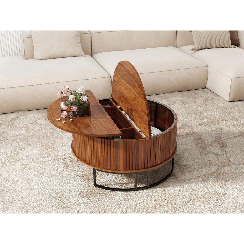 31.5 Inch Round Coffee Table with Storage,Fluted Lift Top Center Table, Midcentury Modern Flip-top Curved Table for Living Room,